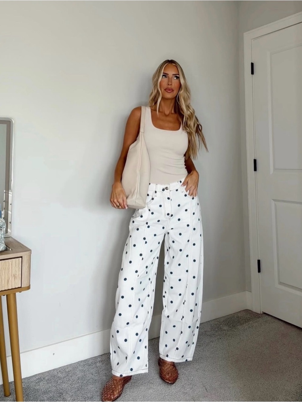 White Cropped Jeans with Navy Polka Dots